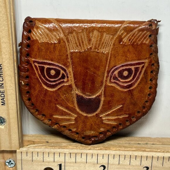 Women's Vintage Leather Cat Face Coin Purse Hand Stitched Brown Snap Wallet - Picture 2 of 2